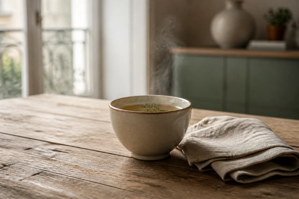 Tasse de tisane fumante posée seule sur une table, ambiance calme et apaisante