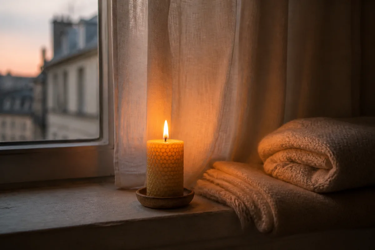 Bougie allumée dans une pièce calme, lumière douce en fin de journée